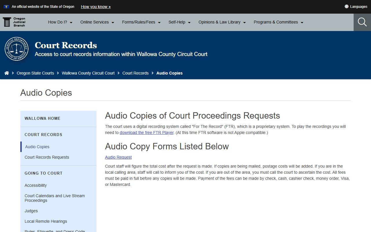 Wallowa County court clerk records audio request page