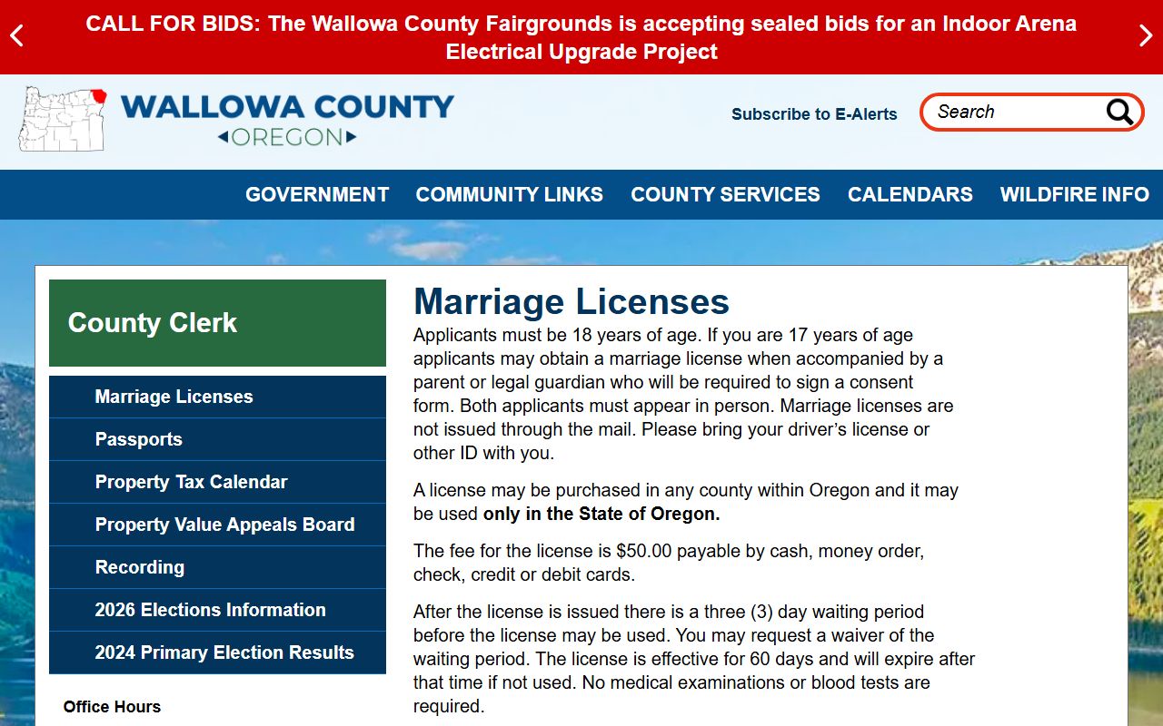 Wallowa County marriage and divorce records marriage license page