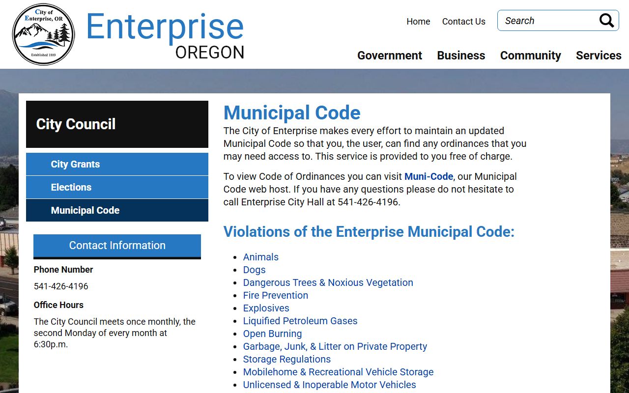 Wallowa County traffic court records Enterprise municipal code context