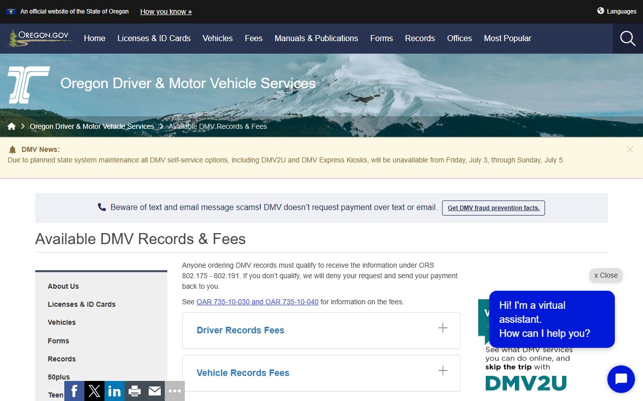 Wallowa County traffic court records Oregon DMV available records fees