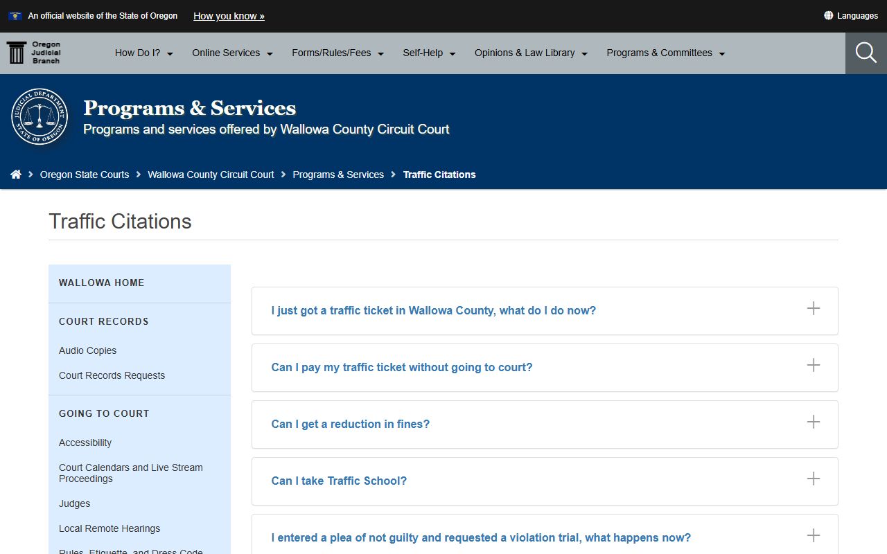 Wallowa County traffic court records traffic citations page